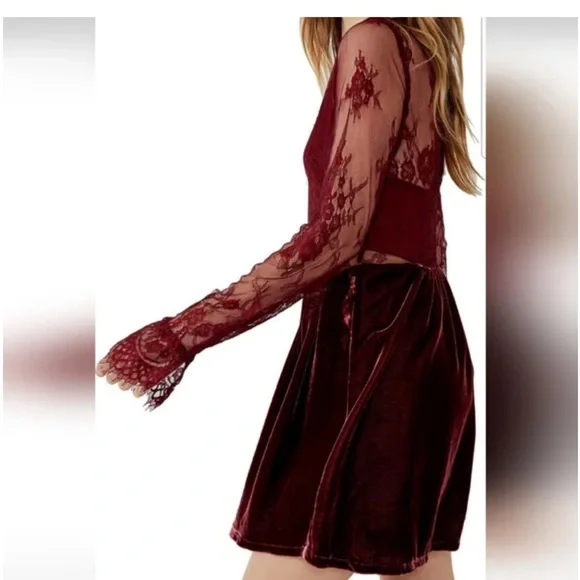 NWT free people lace and velvet burgundy dress. - Picture 3 of 9